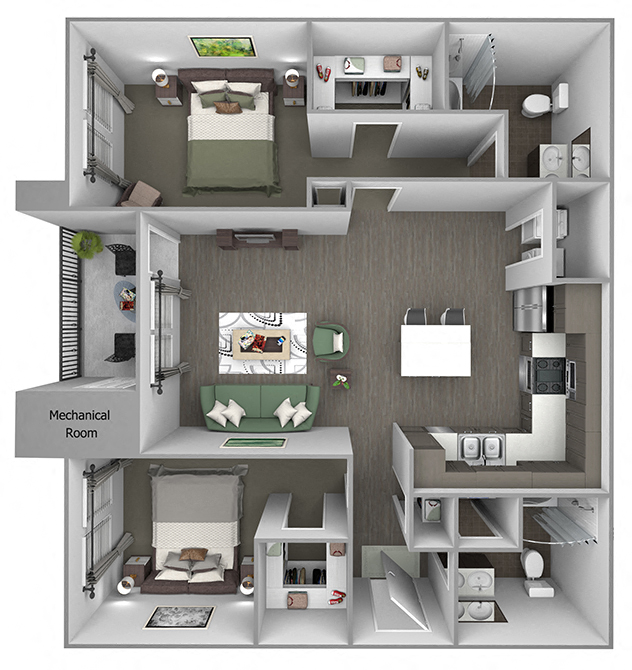 Floor plan for 2 beds, 2 baths, 1193 sqft